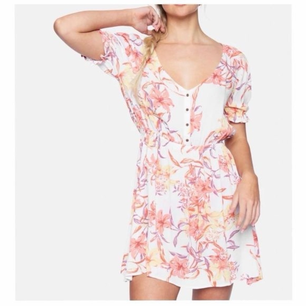 Hurley Floral Button Front Mini Dress Cream Coral Puff Sleeve Size Large